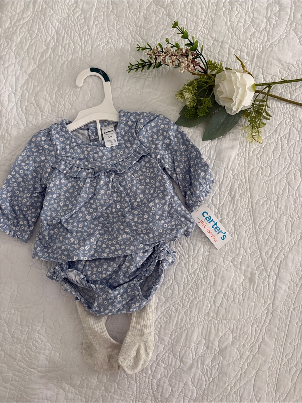 Carter's Blue Floral Long-Sleeve Top with Matching Bloomers and tights